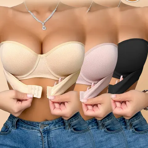1/2/3 Pcs Women's Strapless Push Up Breathable Bandeau Bra Front Snap Anti-Slip, Detachable Clear Invisible Straps, Breathable Mesh with Side Support for Off-Shoulder Tops and Dresses