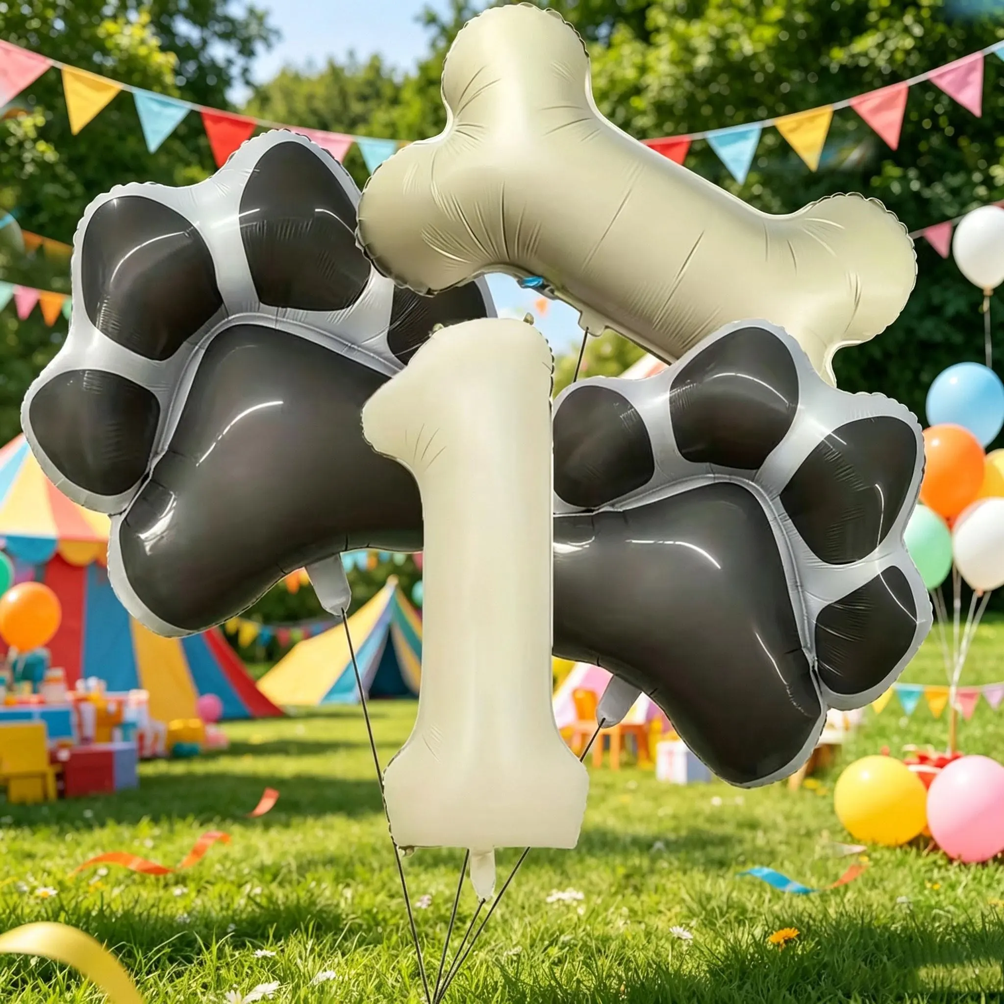 6-Piece Pet Dog Paw Print Number Balloon Set, 32-Inch Cream Color Aluminum Foil Balloons,dog bone、Paw Print Balloons，Ideal for pet birthday parties, pet-loving family birthdays, decorations celebrating kittens’/puppies’ birthdays