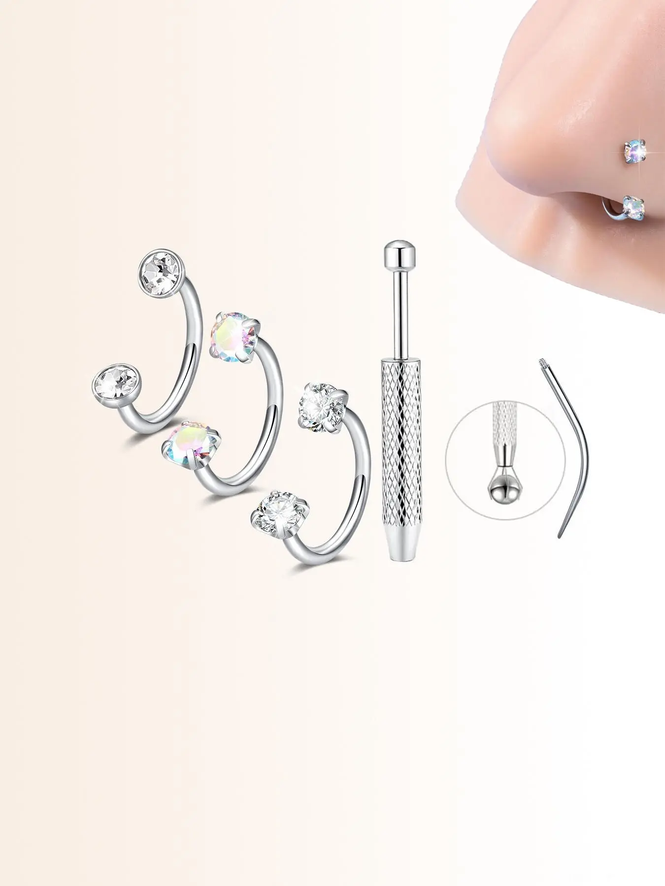 18G Horseshoe Nose Rings Studs 316L Surgical Steel Horse Shoe Nose Ring for Women Internally Threaded Half Cartilage Tragus Earring Hoops Double Gem Eyebrow Lip Helix Piercing Jewelry Nostril Hoop Rings Gems Nose Ring Face Jewels