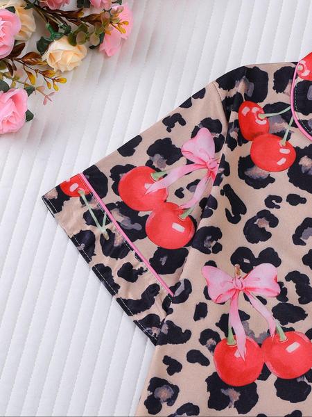 【Pink cherry】Women's Leopard Print Cherry Bow Sleepwear Set, Short Sleeve Button Front Top & Elastic Shorts, Casual Home Wear, Party