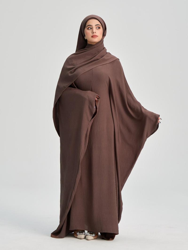 Women's Solid Color Zipper Front Batwing Sleeve Abaya & Hijab Two-Piece Set, Modest Long Sleeve Round Neck Maxi Abaya & Hijab, Women's Islamic Clothing for All Seasons, Abaya Dress Set