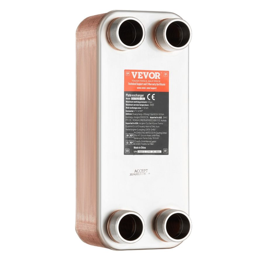 VEVOR Heat Exchanger, 5x 12 30 Plates Brazed Plate Heat Exchanger, Copper/316L Stainless Steel Water To Water Heat Exchanger For Floor Heating, Water Heating, Snow Melting, Beer Cooling