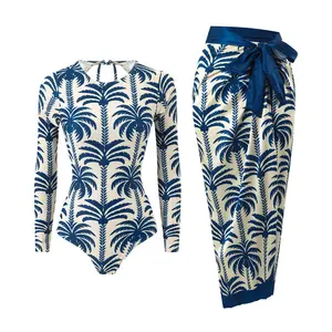 Women's Bikini Amazon Coconut Tree Print Long Sleeve Sun Protection Beach Set Conservative Swimsuit