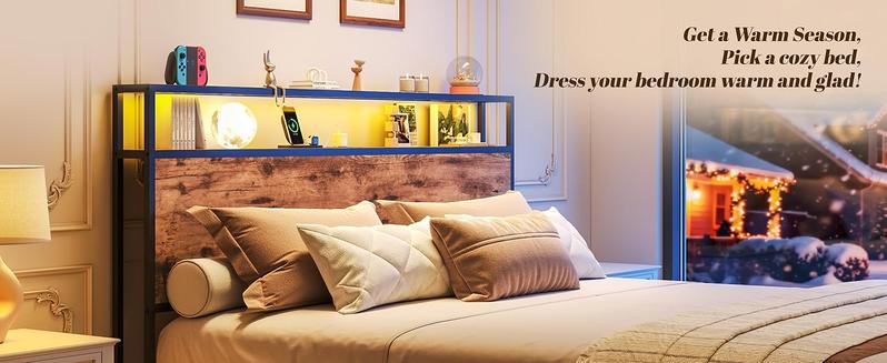 Queen Bed Frame with 2-Tier Storage Headboard, Metal Platform Bed Frame with 4 Storage Drawers, Built in Charging Station & LED, Noise-Free/Metal Support/No Box Spring Needed, Vintage Brown