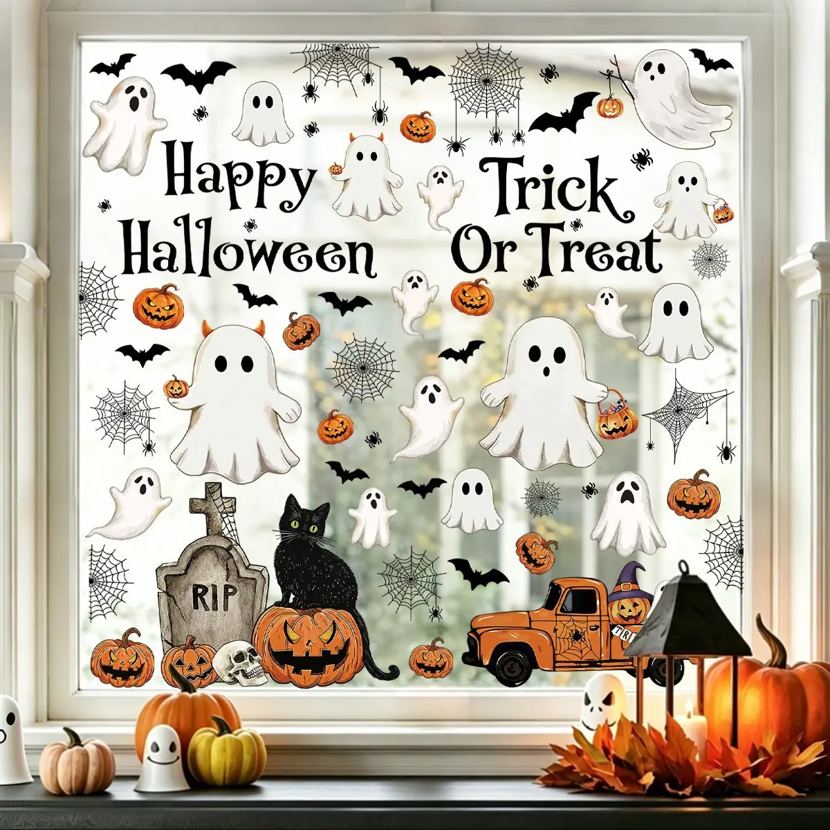 114pcs/6sheets Halloween Ghost Window Stickers, Pumpkin Bat Cat Truck Elements, Festival Party Glass Display Decorative Static Cling