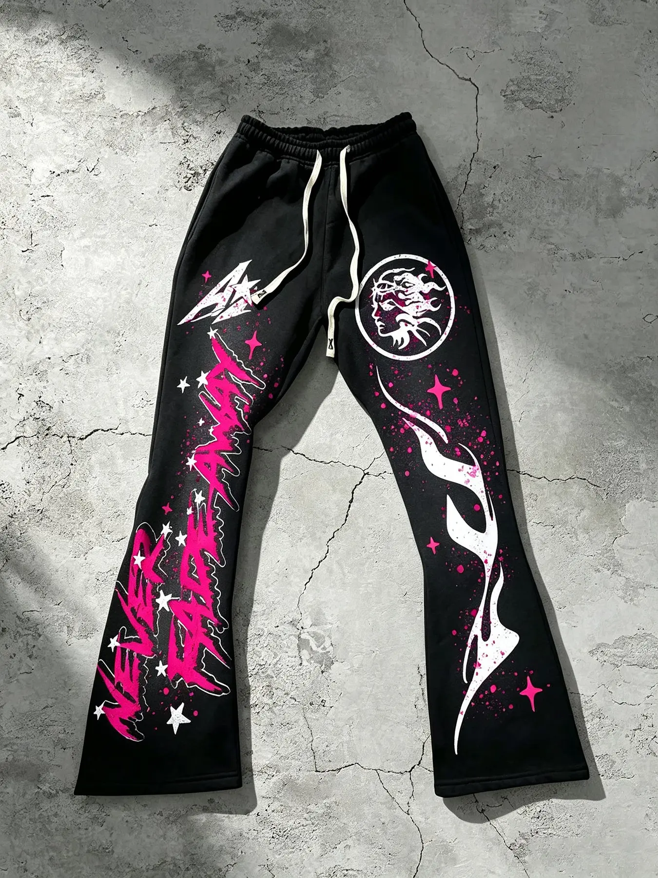 Y2K Millennial Graffiti Print Micro Flare Sweatpants, Unisex American High Street Splatter Star Flame Loose Drawstring Pants