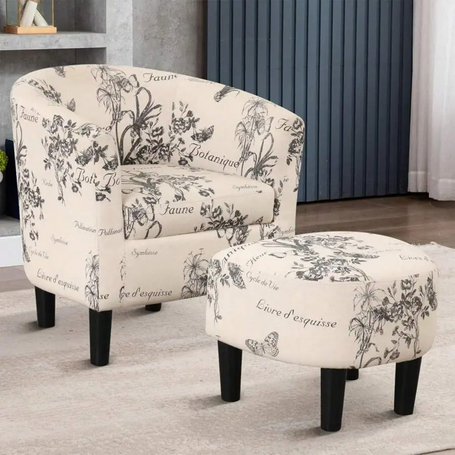 Polyester Floral Print Barrel Shape Accent Chair with Ottoman Set, Small-Space Comfy Reading Chair with Footrest for Living Room, Hand Assembly Required, Max 330Lbs