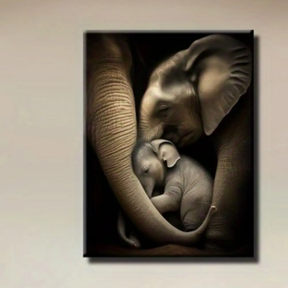 Frameless Elephant and Baby Elephant Canvas Print Wall Art - 11.8x 15.7inch Waterproof Black and White Animal Theme Poster, Simple Home Decor for Bedroom, Office, Bar, Cafe, Indoor Wall Decor, Durable Canvas, Elephant Decoration