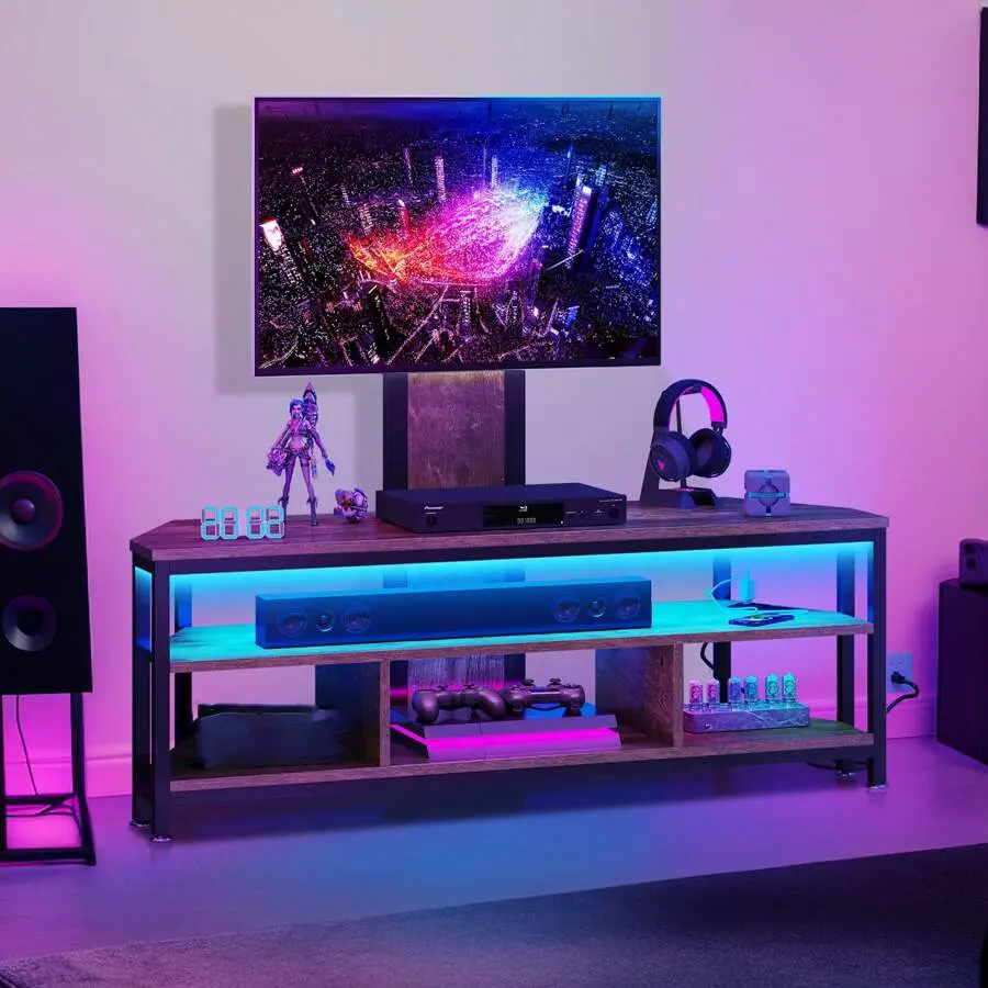 Sturdy Metal Frame Corner TV Stand with Mount, Power Outlets, LED Lights, Charging Station & Plug for 32-70 Inch TVs – Ideal for Game Room