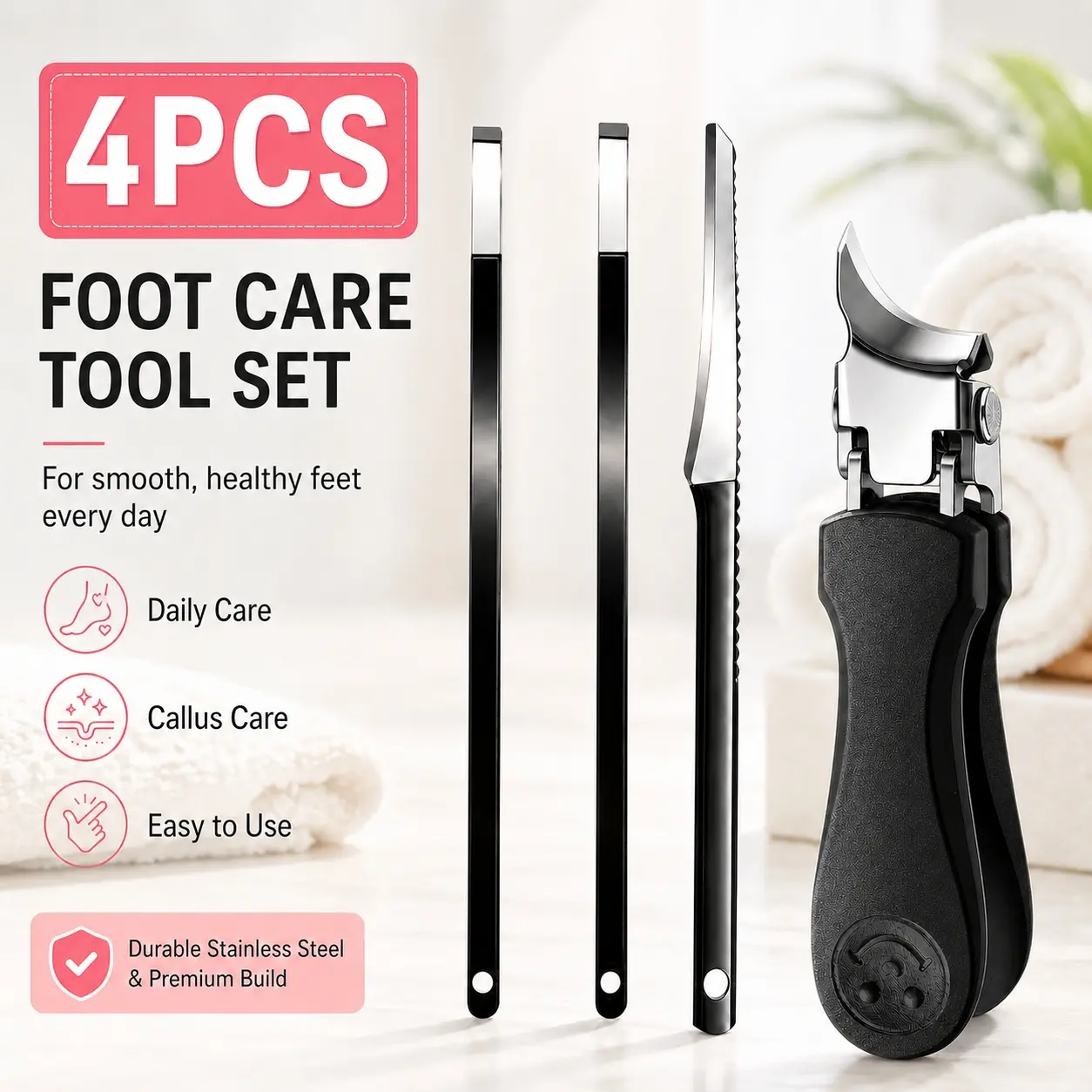 4PCS Professional Stainless Steel Foot Care Tool Set, Integrated Foot Repair Kit, Including Thick Nail Clippers, Dead Skin Scraper, Callus Blade, Durable Rust Proof Steel Structure, Is An Ideal Choice for Daily Home Foot Care,