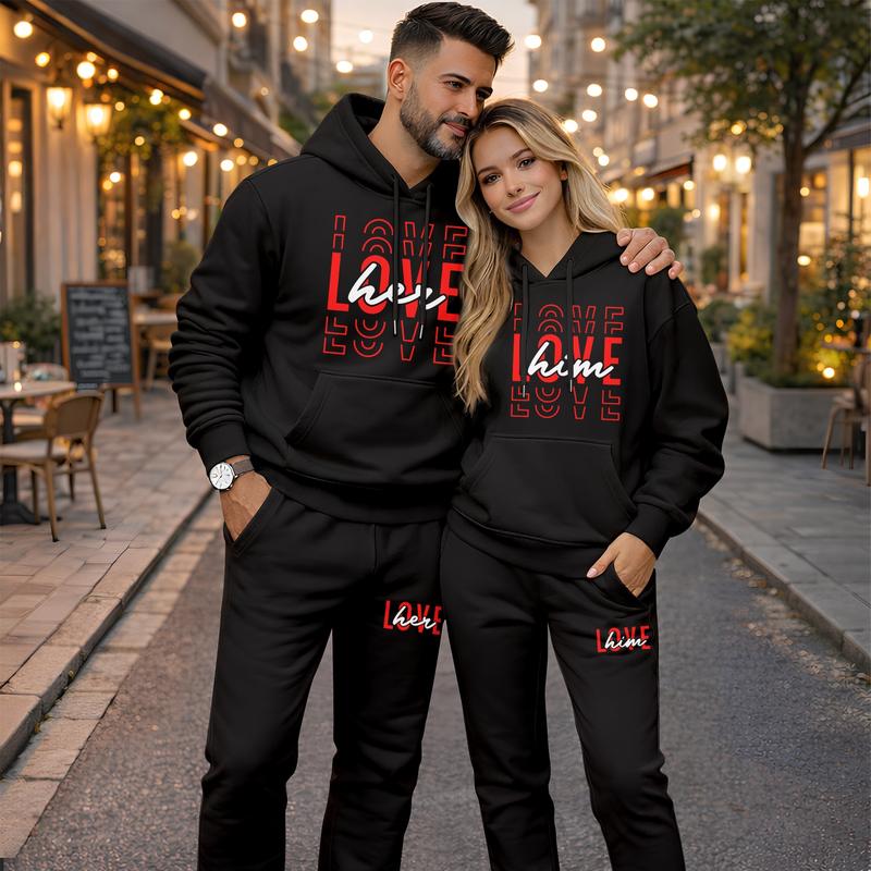 Couple's “LOVE her” and “LOVE him” Print Hoodie and Sweatpants Set, Casual Sportswear, Long-Sleeve Hooded Jacket and Pants, Suitable for Autumn, Winter, and Spring, Everyday Wear, Tracksuit