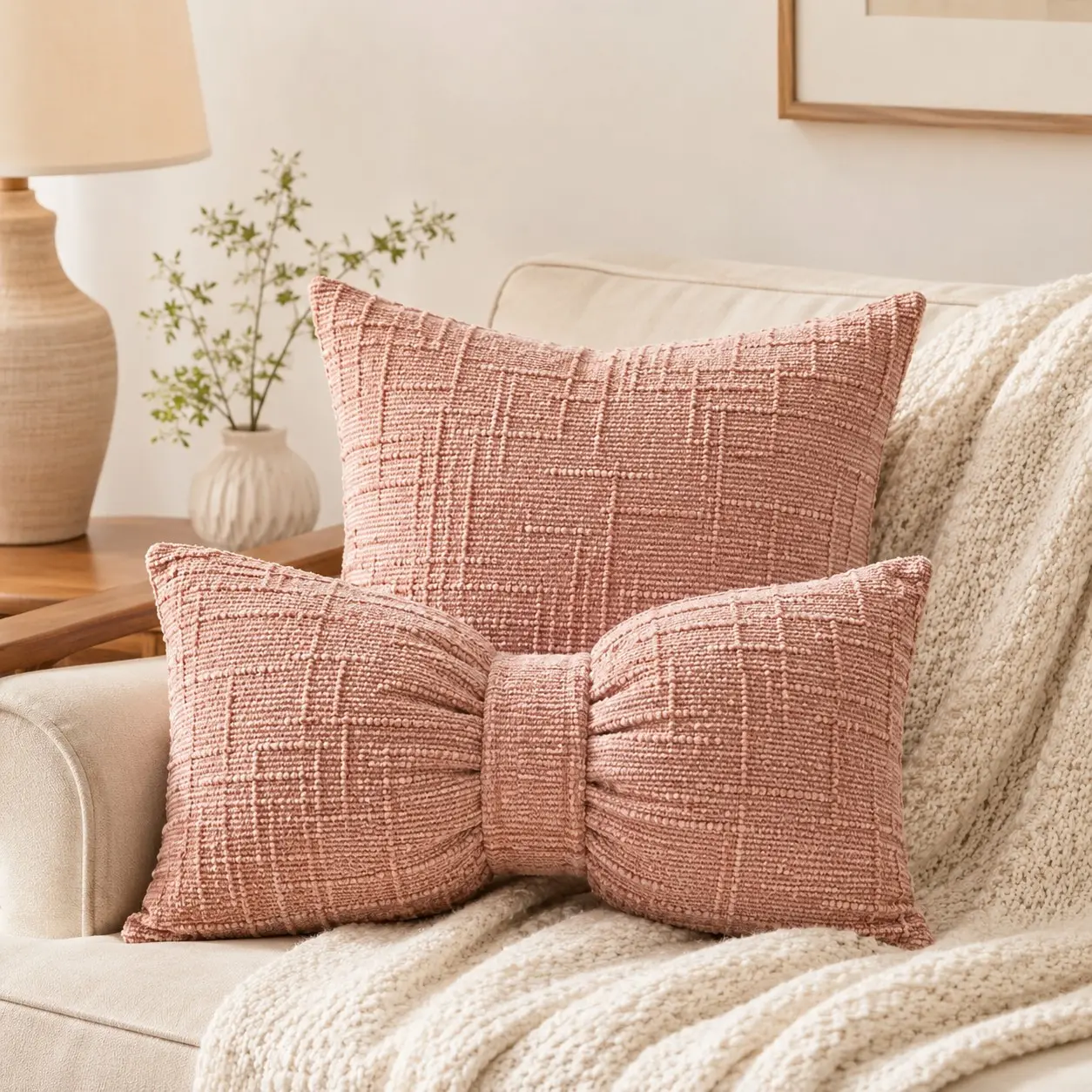 High-End Bow Pillow Cover Set, 2-Piece, 45x45 Square + 30x50 Bow, Thick Fabric Bamboo Texture, Home Decor Pillowcases, No Core Included