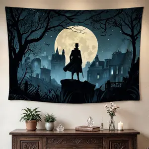 Full Moon Silhouette Gentleman Cityscape Wall tapestry, Large size Printed Horizontal Tapestry blanket, Polyester Fabric Wall Hanging for living room, bedroom, No Installation Required, Indoor, Outdoor, Gift for Family and Friends