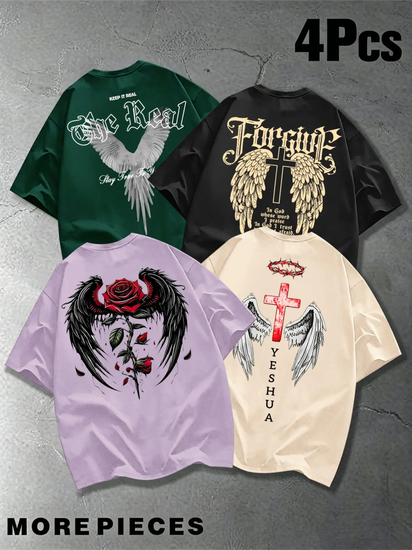 Men 4 Pack Crew Neck Short Sleeve Tees Gothic Wing Cross Rose Dove Letter Back Print Loose Fit Faith Religious Streetwear Casual Daily Workout Vintage Graphic Multipack T Shirts#FaithStreetwear #GothicTees #CrossWingPrint#FypShop#FypFashion#ViralMensWear