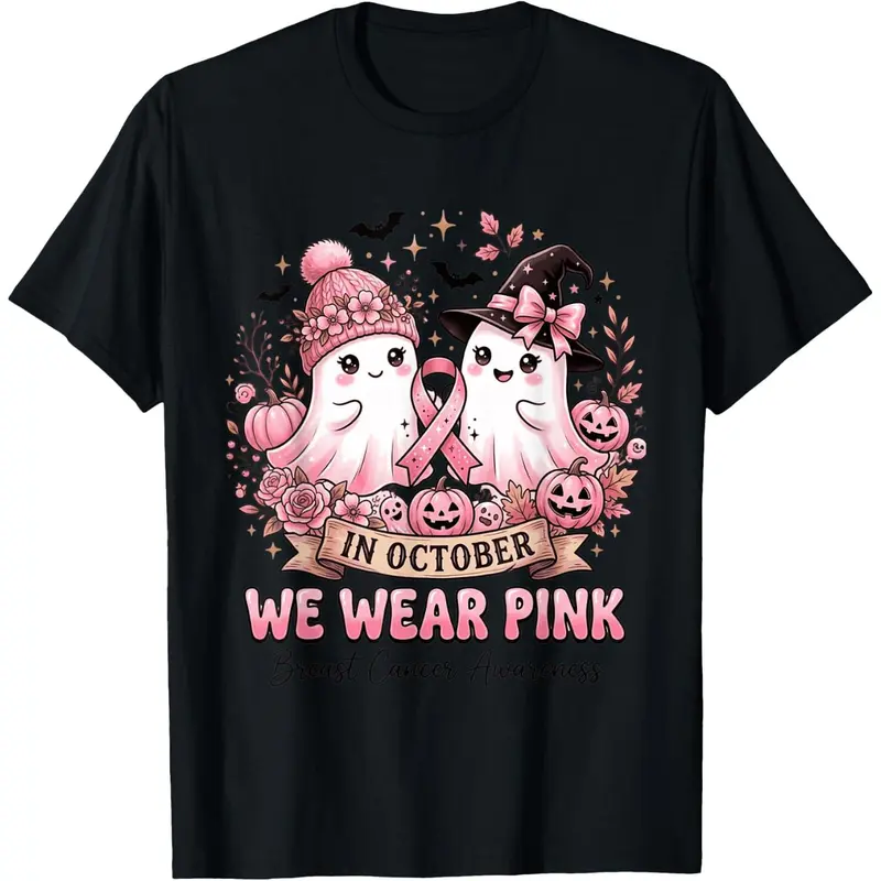 Halloween T-shirts, Christmasin October We Wear Pink Ghost Witch Breast Cancer Awareness