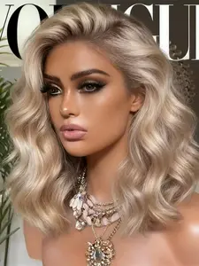 13x4 Front Lace Women's Wig, 14 Inch Glitter Gold Wave Style, 150 Density Real Hair,Human Hair Ombre  Highlight Blonde Soft Smooth Fiber, Pre-Trimmed Baby Hair