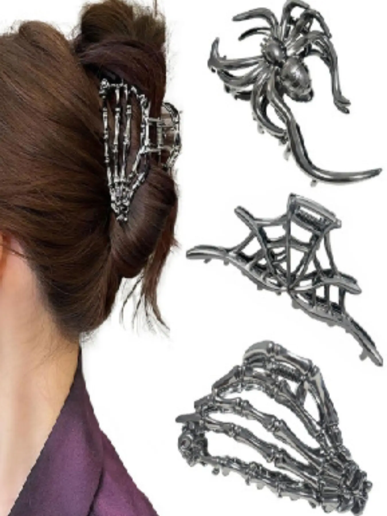 3-Piece Gothic Skull Spider Claw Hair Clips, Alloy Material, Unique Design, Large Size, High-End Style, Perfect for Stylish Hairstyles, Hair Claws Set