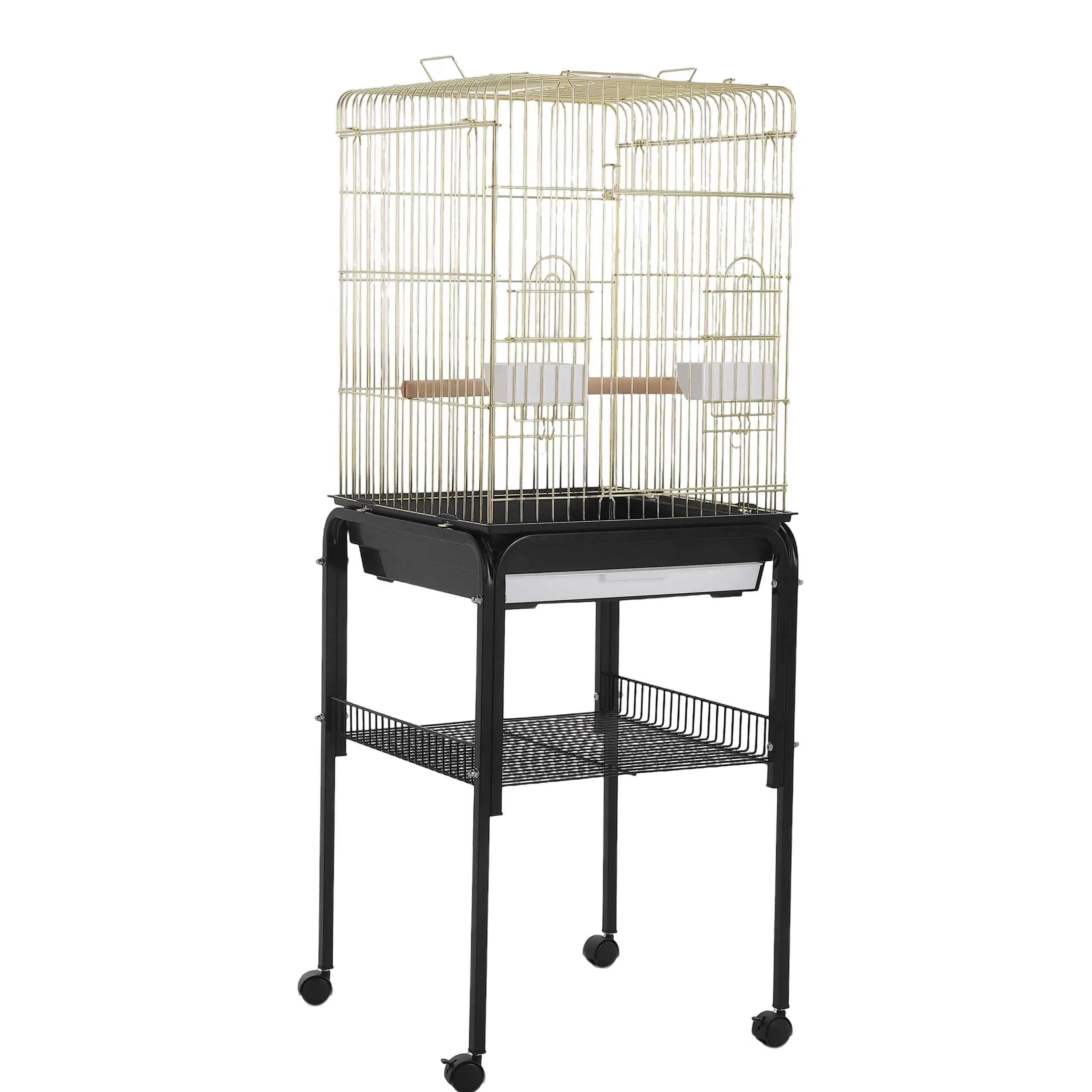 Spacious Open Top Metal Bird Cage with Rolling Stand, Removable Waste Tray, Perches and Feeders, Large Aviary for Small & Medium Pet Birds, Indoor Easy Clean Design