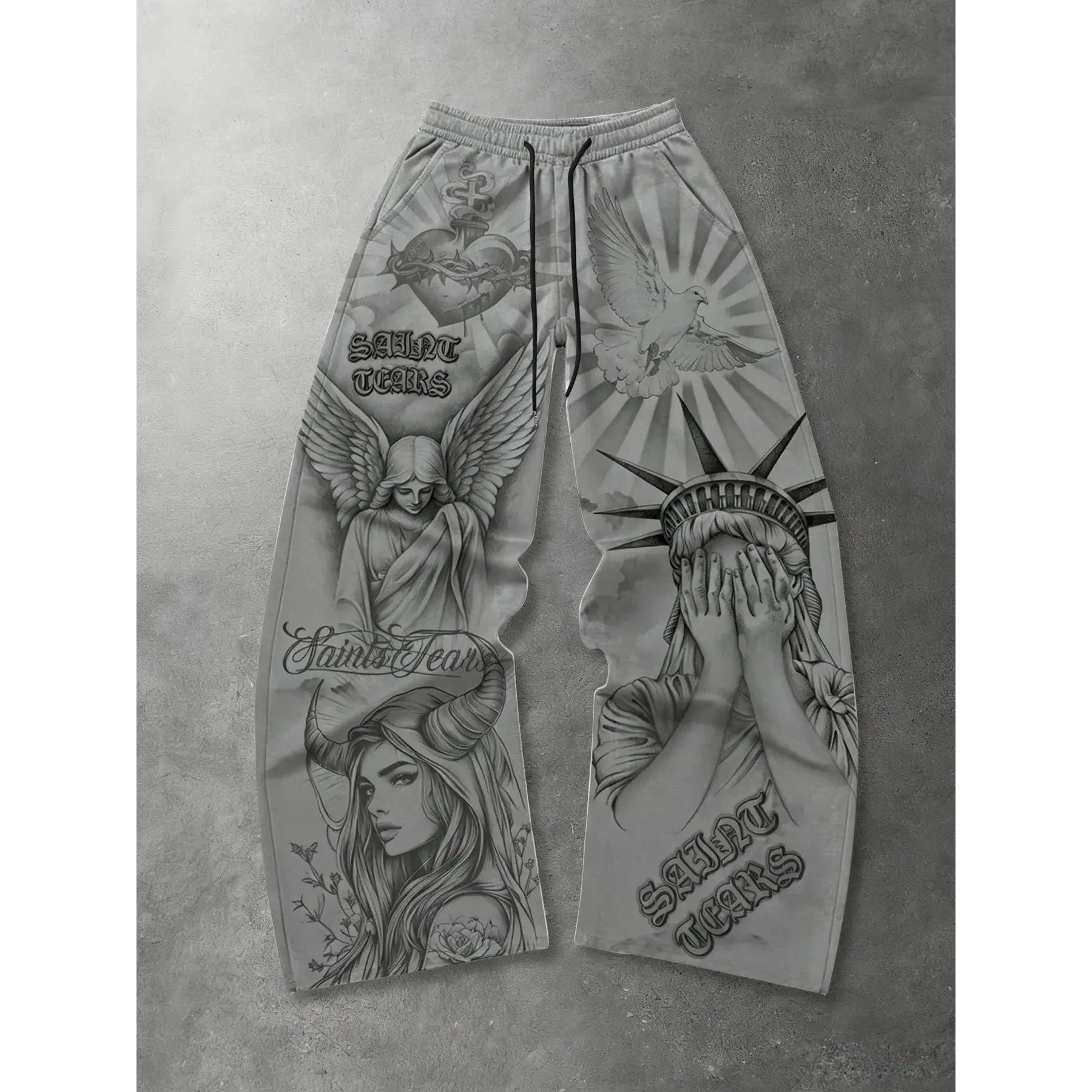 Men's Gothic Dark Style Saint Tears Print Wide-Leg Sweatpants - Menswear Loose-Fit Drawstring Long Casual Wear, All Seasons Religious Angel Vintage Wash Comfy Loungewear, Cold Machine Wash Streetwear Pants