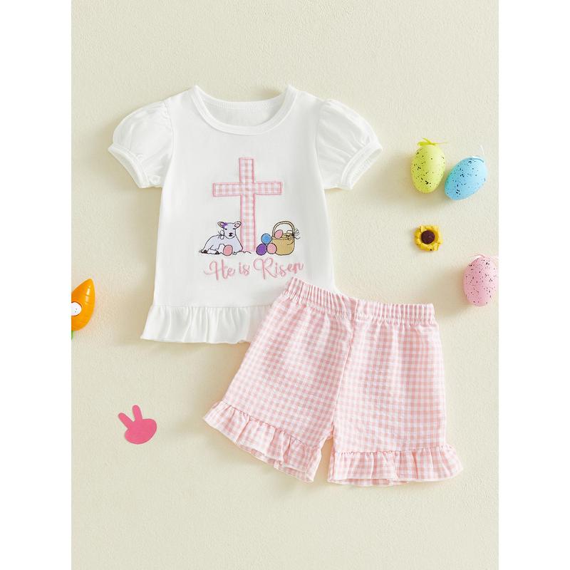 Toddler Baby Little Girls Easter Outfits Cross Animal Embroidery Short Sleeve T-Shirt and Plaid Shorts Set 3M-3Y