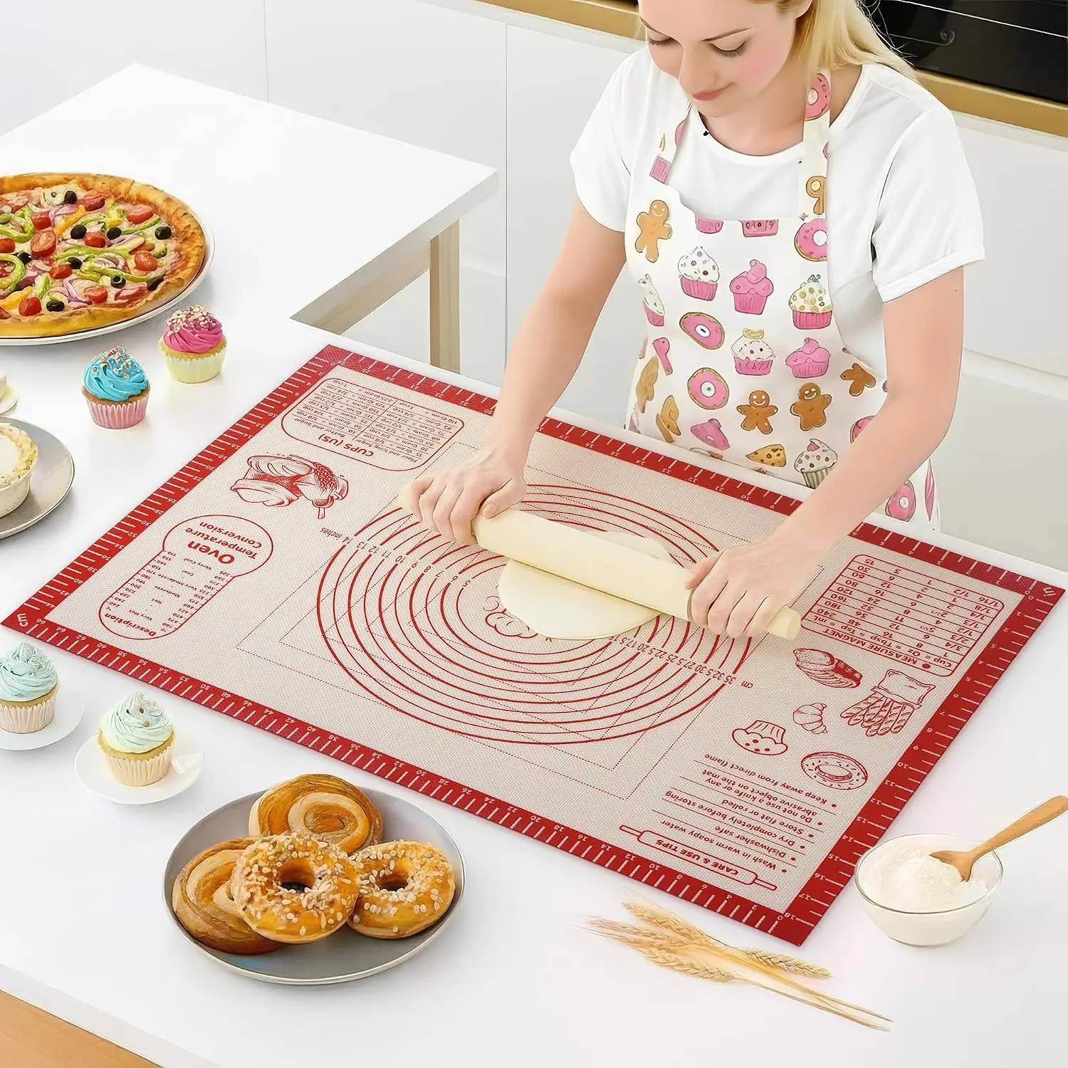 28l x 20w in Rectangular Non-Slip Reinforced Fiber Baking Mat - Thick Kneading Mat with Measurement Guides, Oven-Safe for Bake Use on Kitchen Counters (Bread, Cookies)