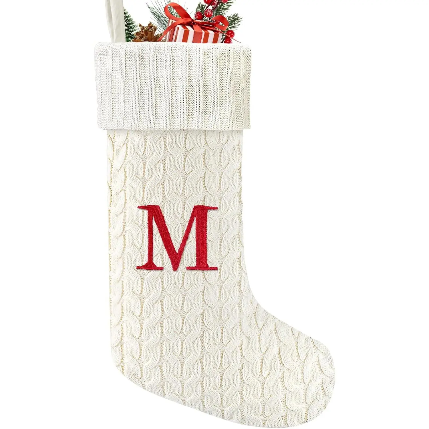 21 Inches Knitted Christmas Stockings with Initials, Large White Custom Monogram Embroidery Christmas Stockings with Letter, Personalized Xmas Decoration for Holiday Family Party-M