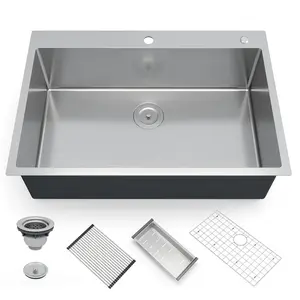 GARVEEKitchen Sink,33 Inch Drop in Kitchen Sink, 33 x 22 Kitchen Sink Drop in 16 Gauge Stainless Steel Kitchen Sink Top Mount Single Bowl Deep Kitchen Sink and Accessories,Workstation Sink