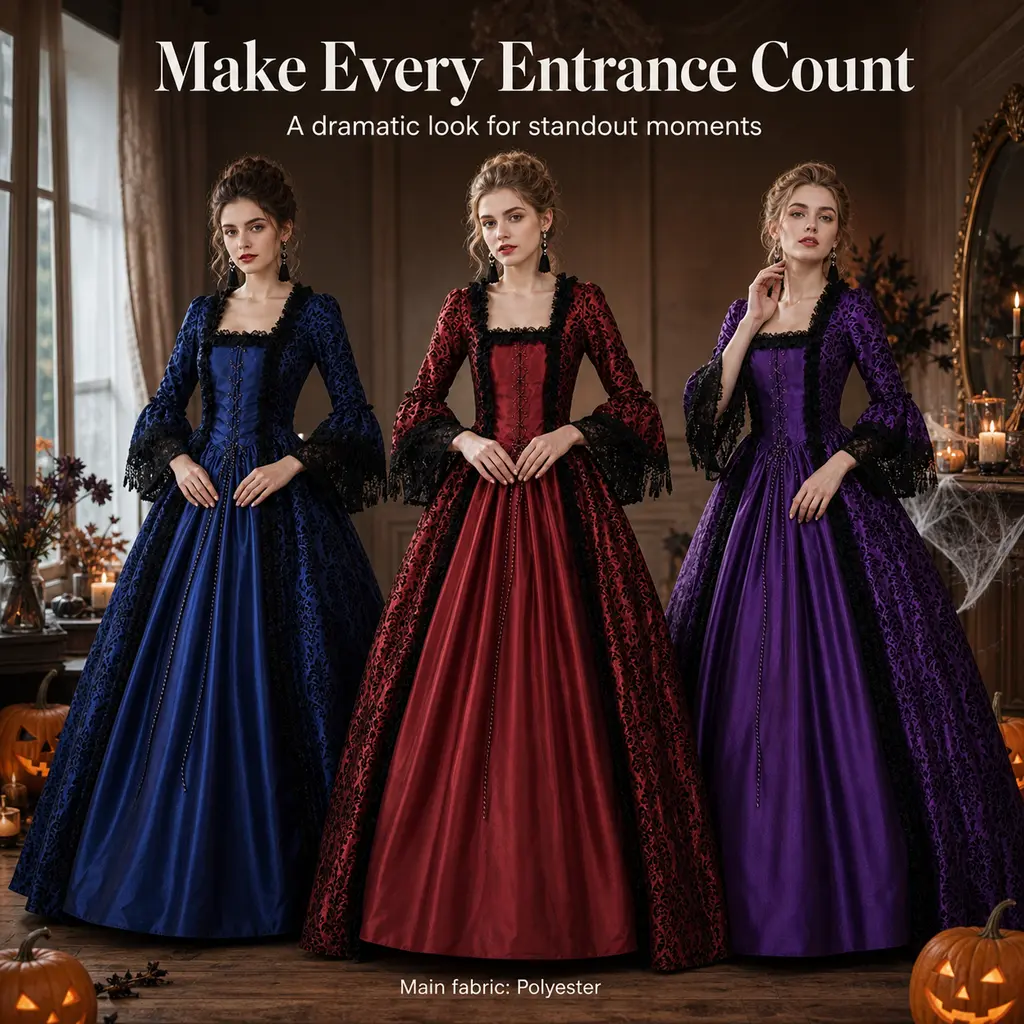 Women's Vintage Medieval Lace Overlay Floor-Length Maxi Dress - Royal Victorian Flare Long-Sleeve Patchwork Plain Formal Cosplay Party Evening Costume, Gentle Wash Compatible, Polyester, Fits