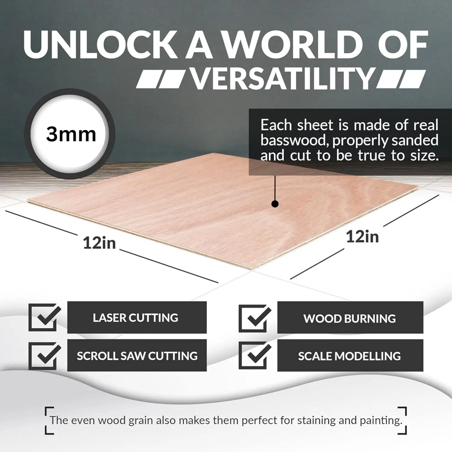 Baltic Birch Basswood Sheets 1/8'', 10 Pack Craft Wood 12 x 12 x 1/8 Inch 3mm Smooth Plywood for Laser Cutting, Wood Burning, Drawing Architecture