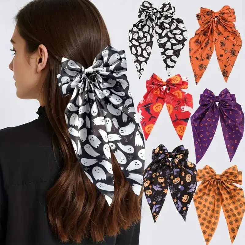 6PCS Halloween Hair Bows Set for Girls & Women, Viral Long Tail Satin Ribbon Bow Clips with Pumpkin Bat Ghost Spider Prints, Cute Coquette Hair Barrettes, Lightweight Hair Accessories for Halloween Party, Trick or Treat, Cosplay, Fall OOTD