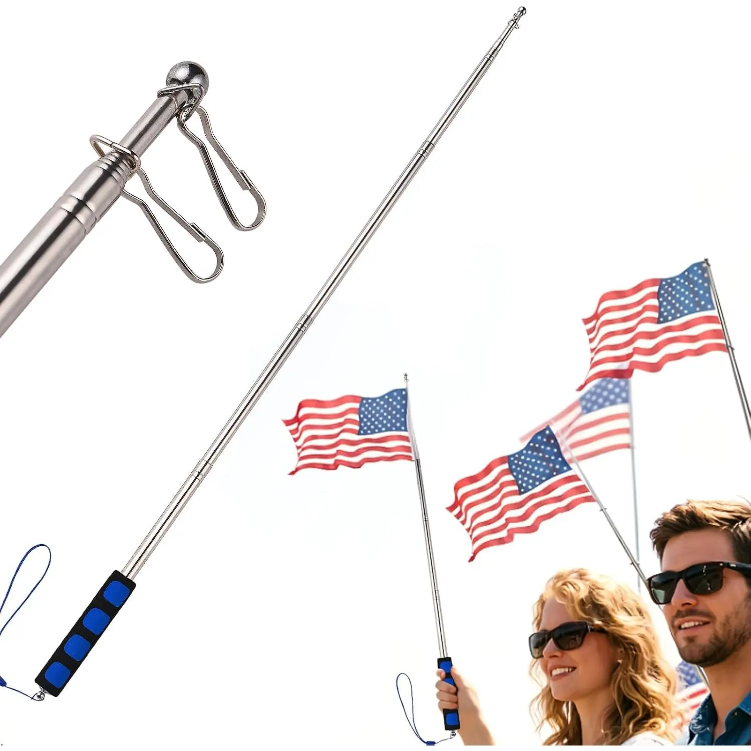 Telescopic Handheld Flagpoles with Clips Portable Flag Pole Lightweight Extendable Tour Guide Stainless Steel Banner Flag Pole Pointer for Teachers with Anti-Slip Grip (3.9ft Black and Blue)