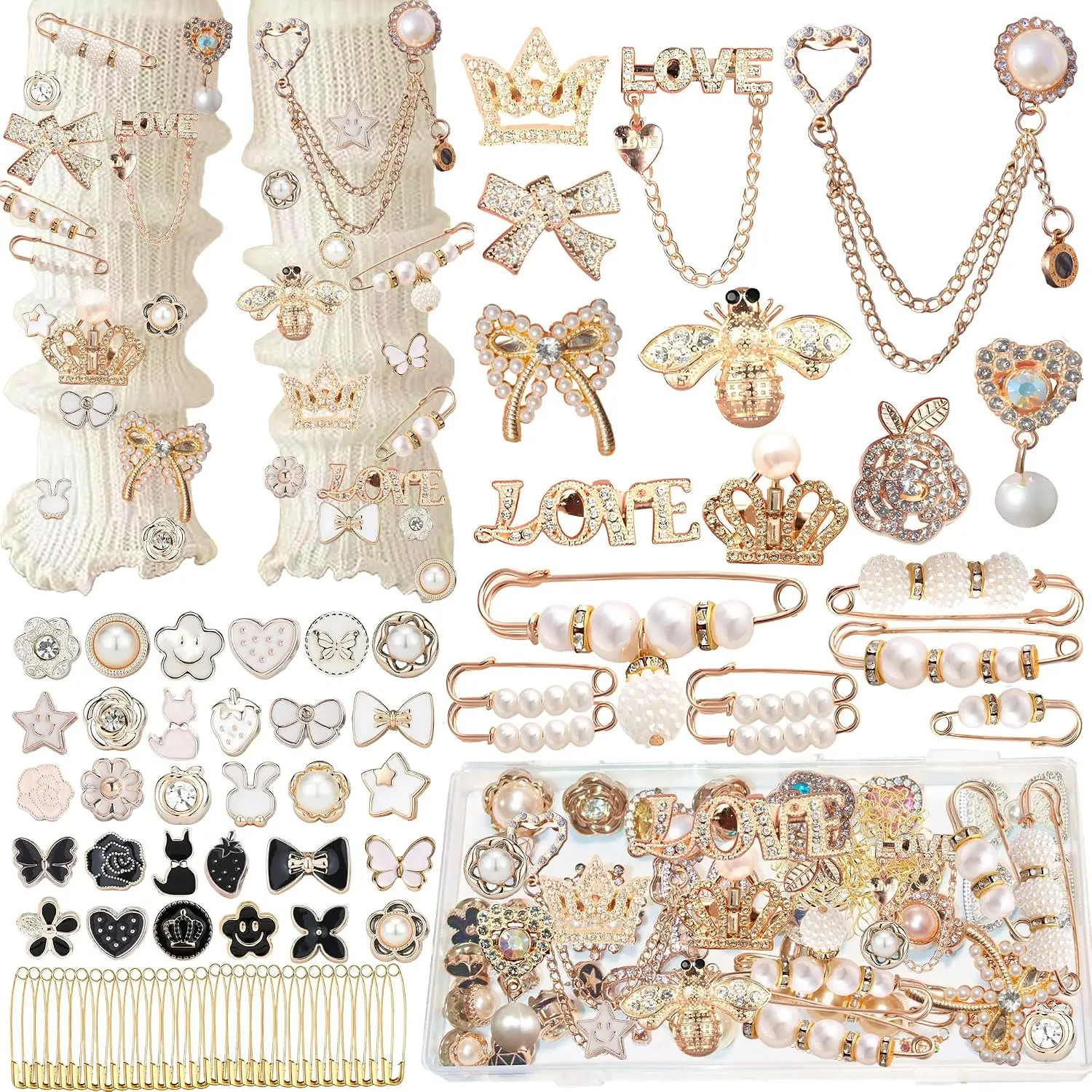 72 count Junk Socks Charms Kit,  Brooches and Pins for Women, and Rhinestone Sock Charms with Safety Pins, DIY Accessories for Decorating and Personalizing Socks Clothes Hats Shoes Scarf Shawl