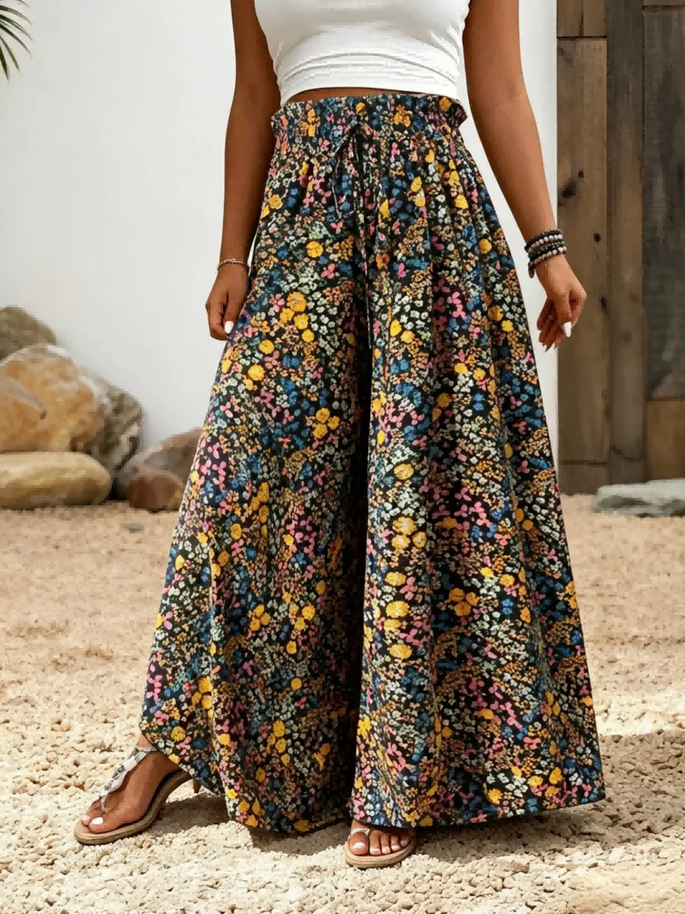 1 Piece Plus Size Women Floral Wide Leg Pants, Boho High Waist Palazzo Trousers, Casual Outfits For Vacation & Daily Commute