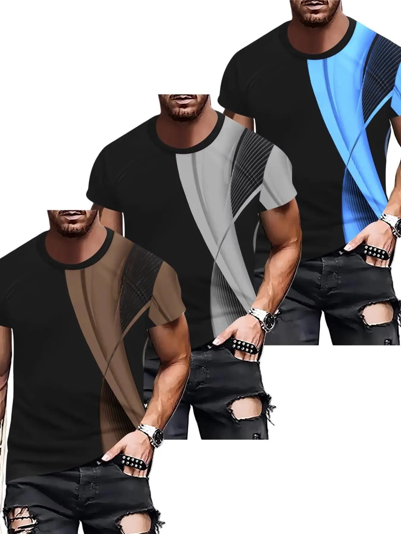 Men's 3-Pack High Street Style Geometric Print Short Sleeve T-Shirts, Base with Blue Block, Soft Elastic Fabric