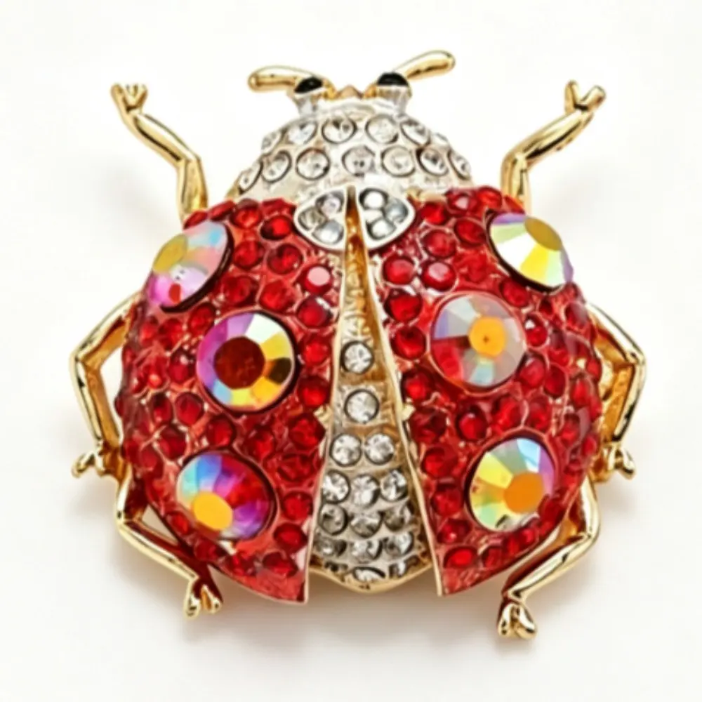 Full Rhinestone Ladybug Brooch Unisex AB Crystal Red Wing Gold Lapel Pin Gift