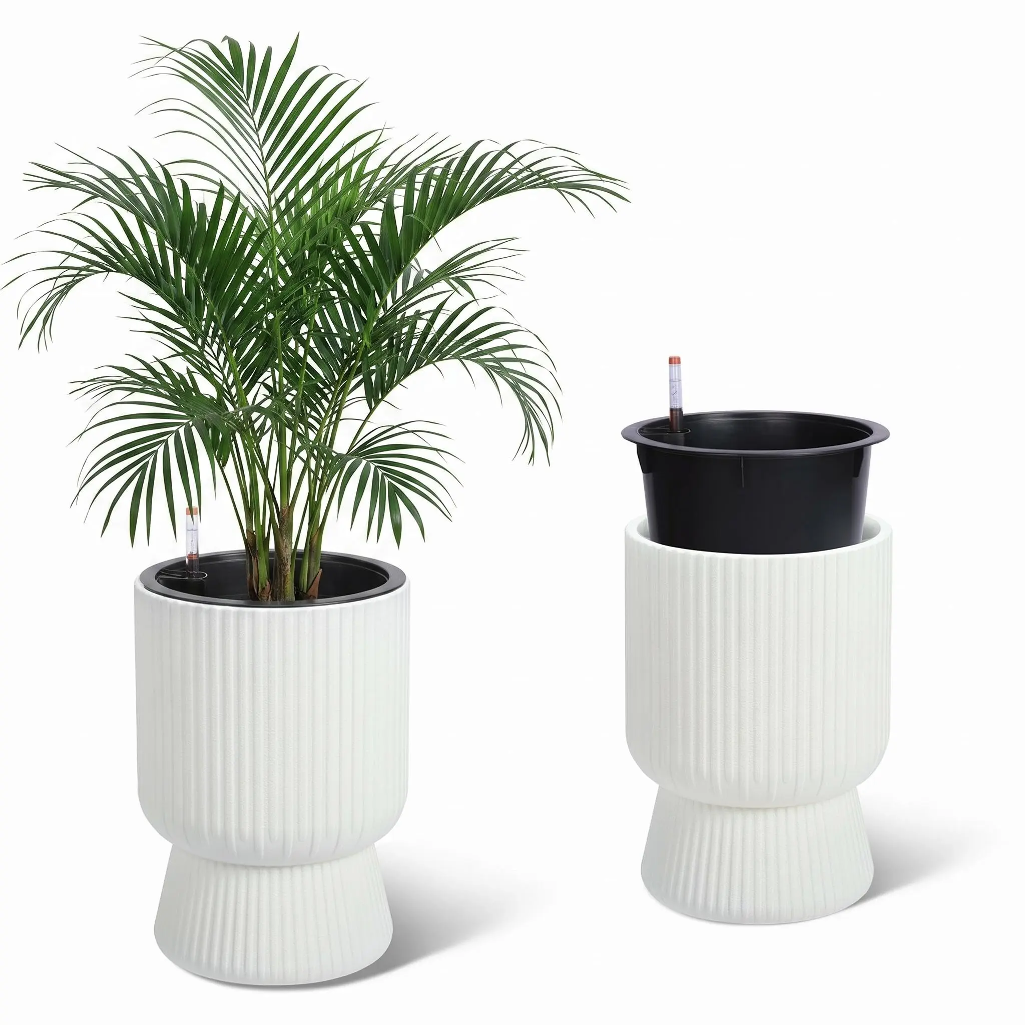 2-Pack 14" Tall Large Self-Watering PP Plastic Planters Set with Built-In Drainage, Water Level Monitor, Heavy-Duty Design for Modern Home Decor, Patio Porch, Indoor Outdoor Use