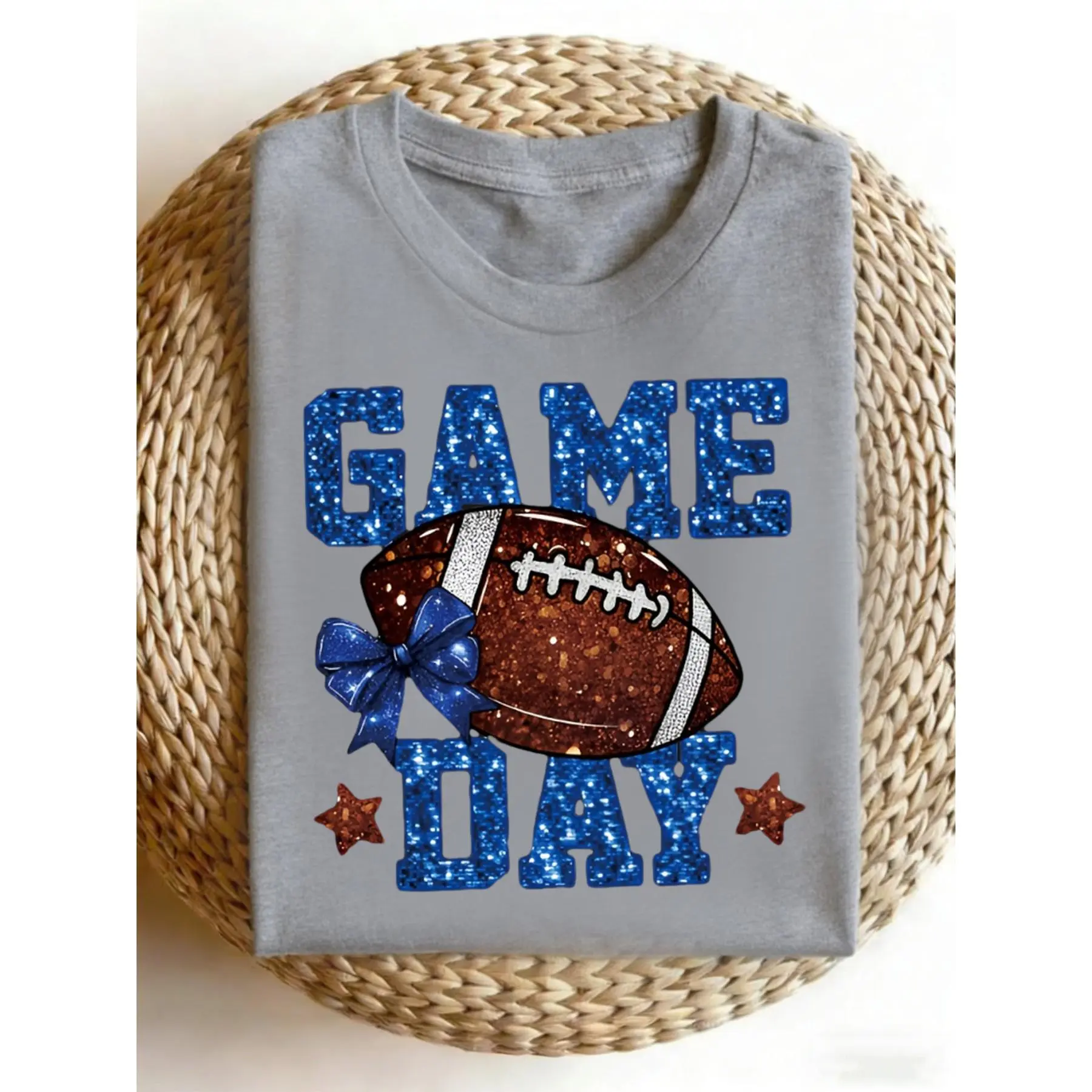 Football T-Shirt - GAME DAY Glitter Bow & Bright Blue 'GAME DAY' Design with Football Graphics - Stylish Black Tee Suitable for Game Day Parties, Tailgating, Casual Wear, Machine Washable Football Fan Apparel