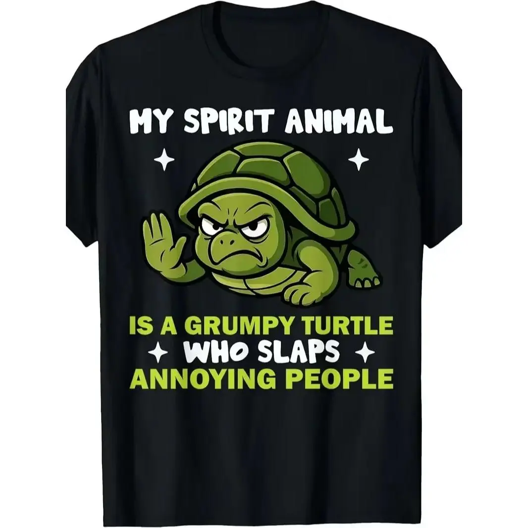Humorous T-Shirt Featuring a Grumpy Turtle Spirit Animal, with a Slightly Stretchy Crew Neck Design, Perfect for Casual Outings, Parties, Beach Activities, And Sports Throughout The Year, Plus Size