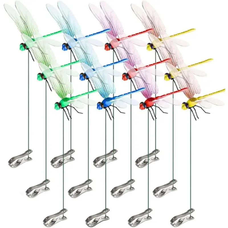 12/24pcs Indoor & Outdoor Fake Dragonfly Rod Clip, Dragonfly Clip Bug Repellent, 3D Artificial Dragonfly Hat Clips, Simulated Patio Decor Gardening, Multicolor Waterproof, Easy Attachment