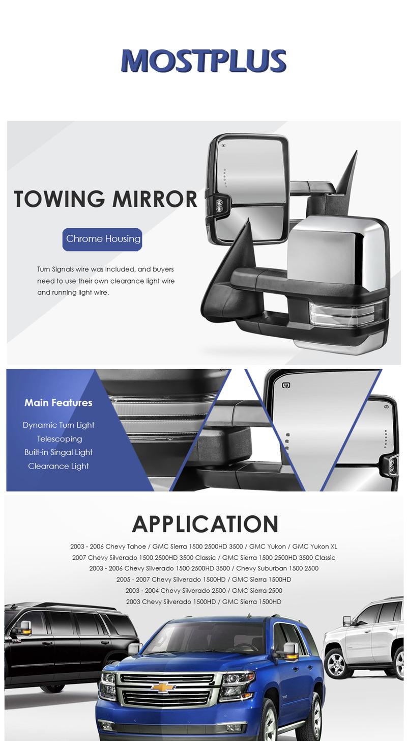 Chrome Power Heated Tow Mirrors For 2003-2007 Chevy Silverado Tahoe/GMC Sierra Yukon with Dynamic Turn Signal, Amber Running Lights Car Truck Automotive Vehicle Chrome Power Heated Tow Mirrors For 2003-2007 Chevy Silverado Tahoe/GMC Sierra Yukon with Dynamic Turn Signal, Amber Running Lights Car Truck Automotive Vehicle