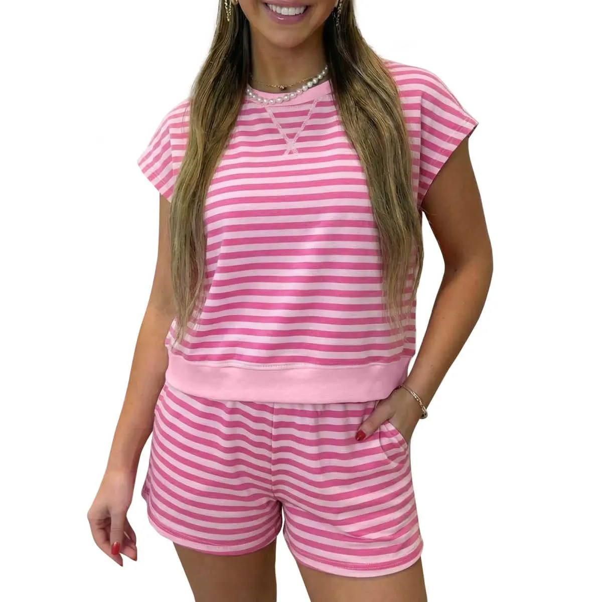 Women's Cotton 2-Piece Sports Matching Set - Pink Stripe Cap-Sleeve Cropped Tee, Elastic Waist Day Shorts, 95% Cotton Blend Women's Clothes