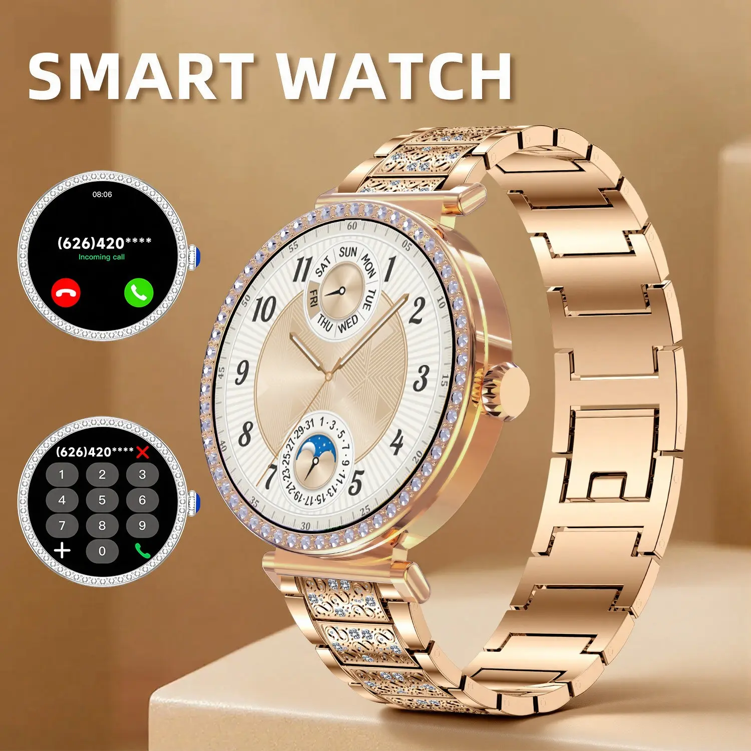 SIMSONLAB Women's Smart Watch with Health Features - Period Reminder, Bright Screen, Multiple Sports Modes, Message Notifications, Wireless Calls, Remote Camera Control, Step Counter, Music Playback, Customizable Watch Faces - Perfect Gift for Her