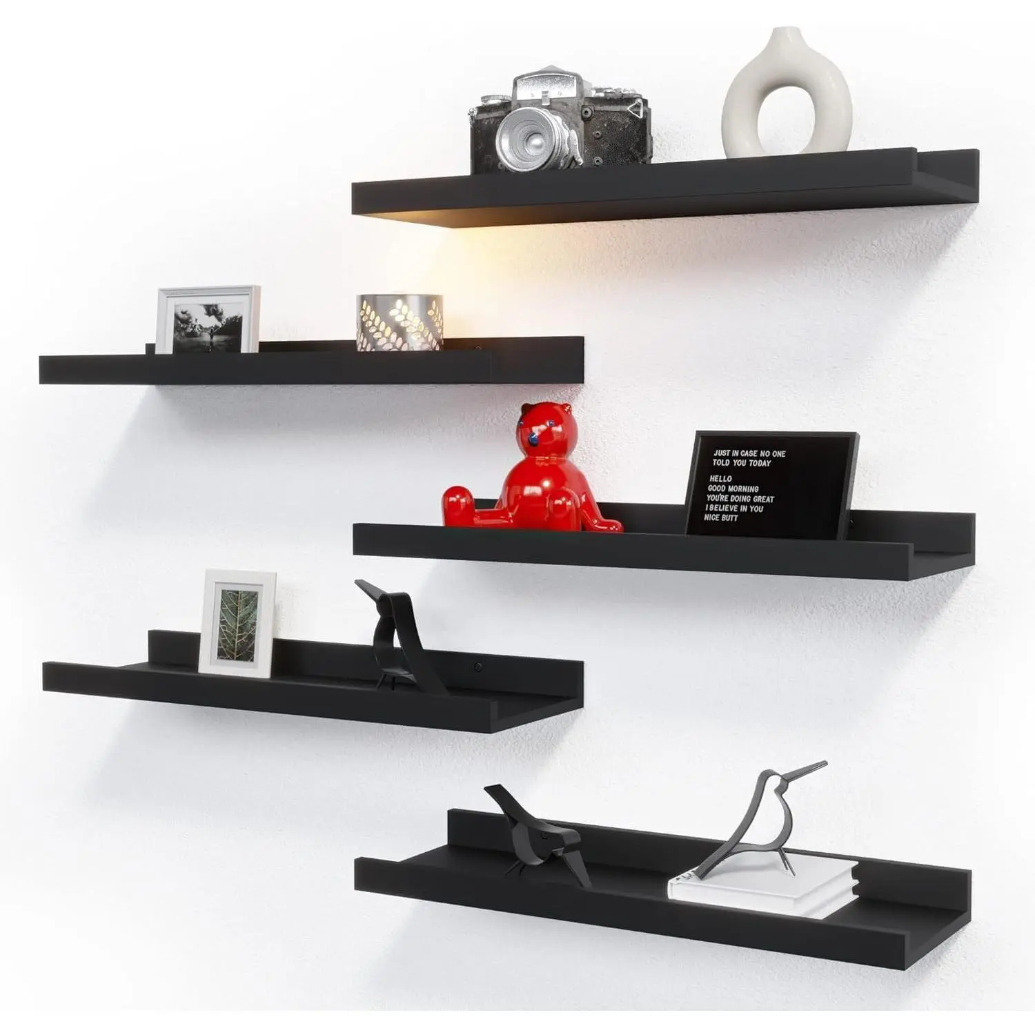 5 Set Floating Wall Mounted Shelves, Black Shelves for Wall Decor, Modern Picture Ledge Shelf with Lip for Storage, Ideal for Nursery, Bedroom, Living Room, Bathroom - Black