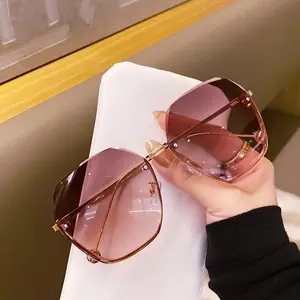 Women Korean Style Rimless Octagonal Cutout Sunglasses, Gold Metal Frame Gradient Brown Lens UV400 Protection Sun Glasses for Summer Beach Street Daily Casual Accessory