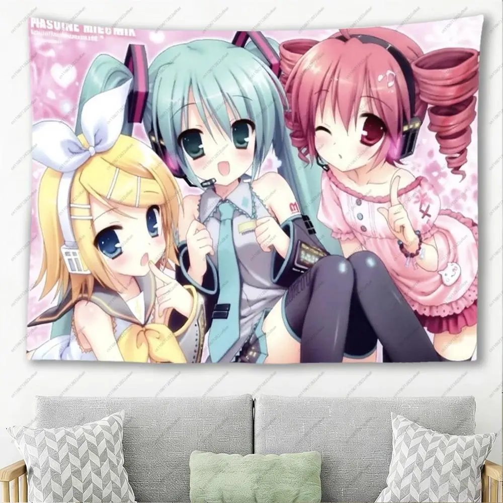 Cute Pink Anime Girls Tapestry Kawaii Vocaloid Wall Hanging for Anime Room Decor
