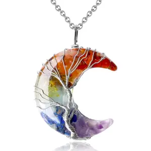 Healing Crystal Necklace, Tree Life Wire Wrapped Crescent Moon Necklace, Natural Stone Pendant Necklaces, Mothers Day Gifts for Mom, Gemstone Jewelry Gifts for Women