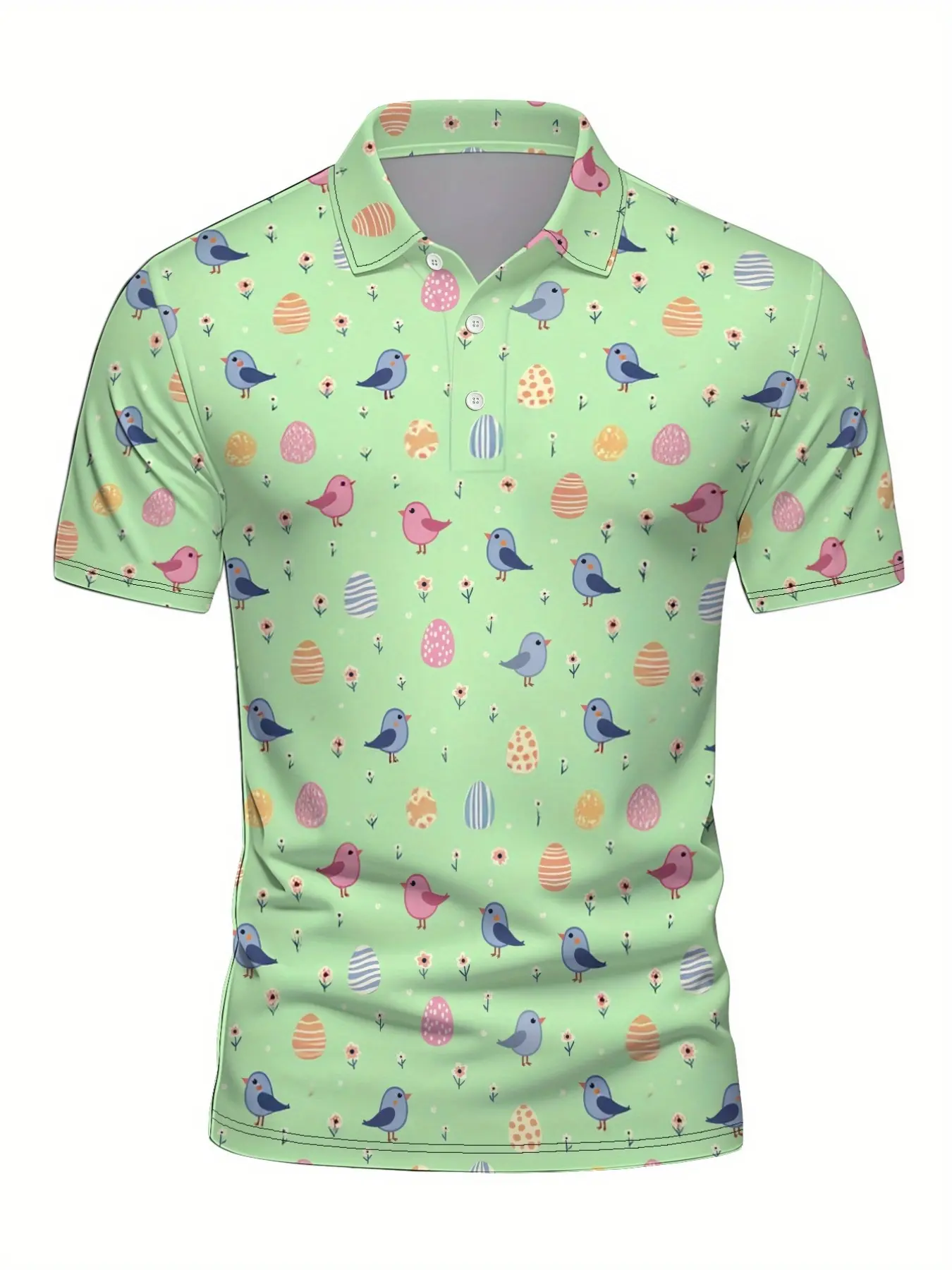 Men Spring Easter Short Sleeve Polo Shirt Light Green Base Cute Cartoon Birds Pastel Striped Easter Egg Tiny Flower All Over Print Breathable Quick Dry Lapel Button Golf Casual Tops