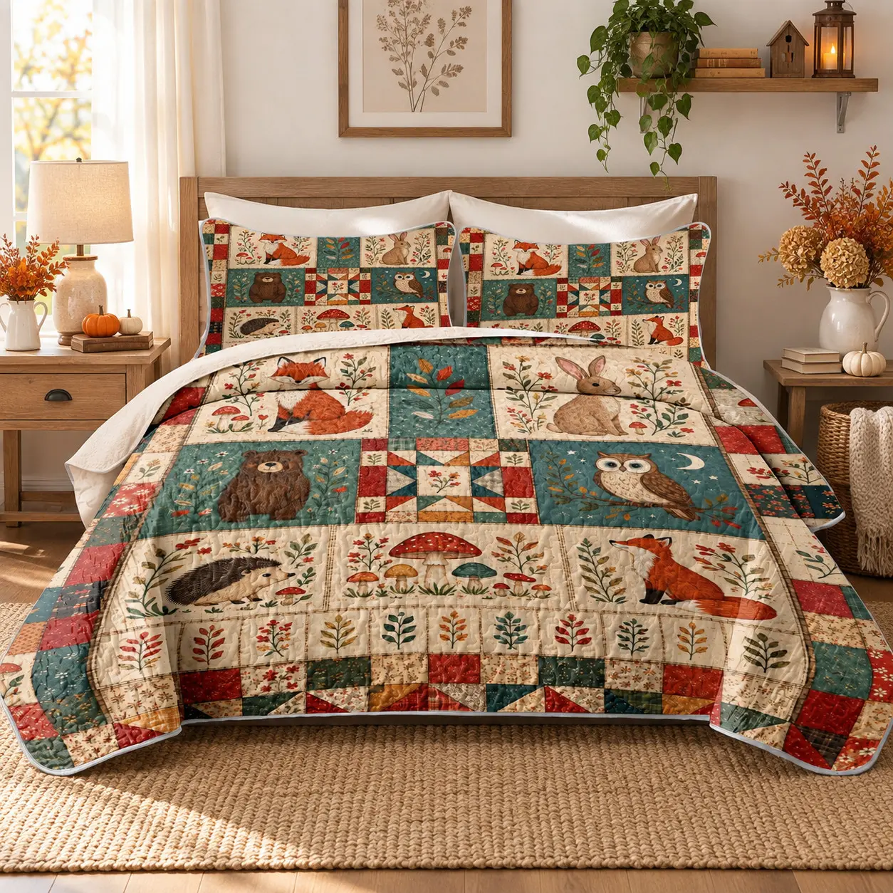 [Fall] 3-Piece Woodland Animal Patchwork Print Quilted Bedspread Set, with 1 Bedspread & 2 Fall Pillow Shams, Lightweight, Soft, Breathable, Fade Resistant, for Queen/King Beds, Decorative Bedding Set, Home Decor