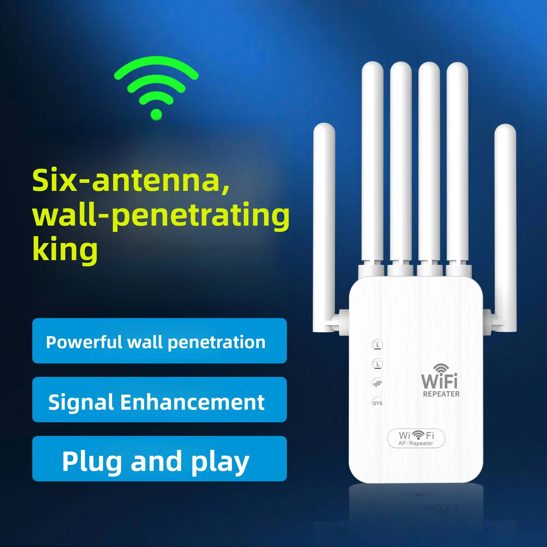 Repeater wifi signal extender for home use, with 6 antennas for wall penetration, wireless network expansion, 300M