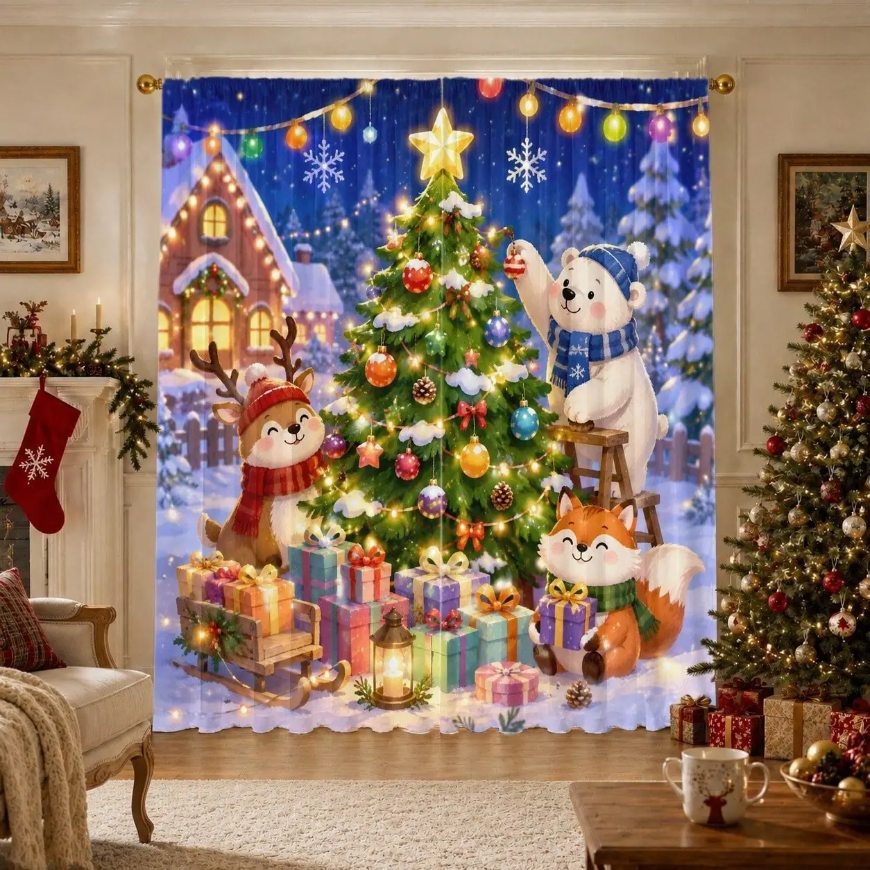 Christmas Theme Curtain Set, Bear and Reindeer Print, Elegant Window Curtains for Living Room, Bedroom, Kitchen Decor